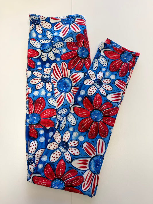 Red White & Blue Floral Leggings w/ Pockets *RTS