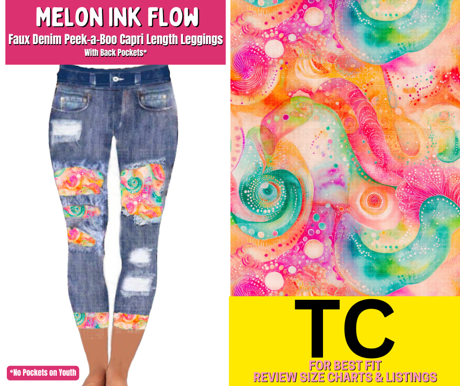 Melon Ink Flow Capri Faux Denim Peekaboo - Like A Duchess