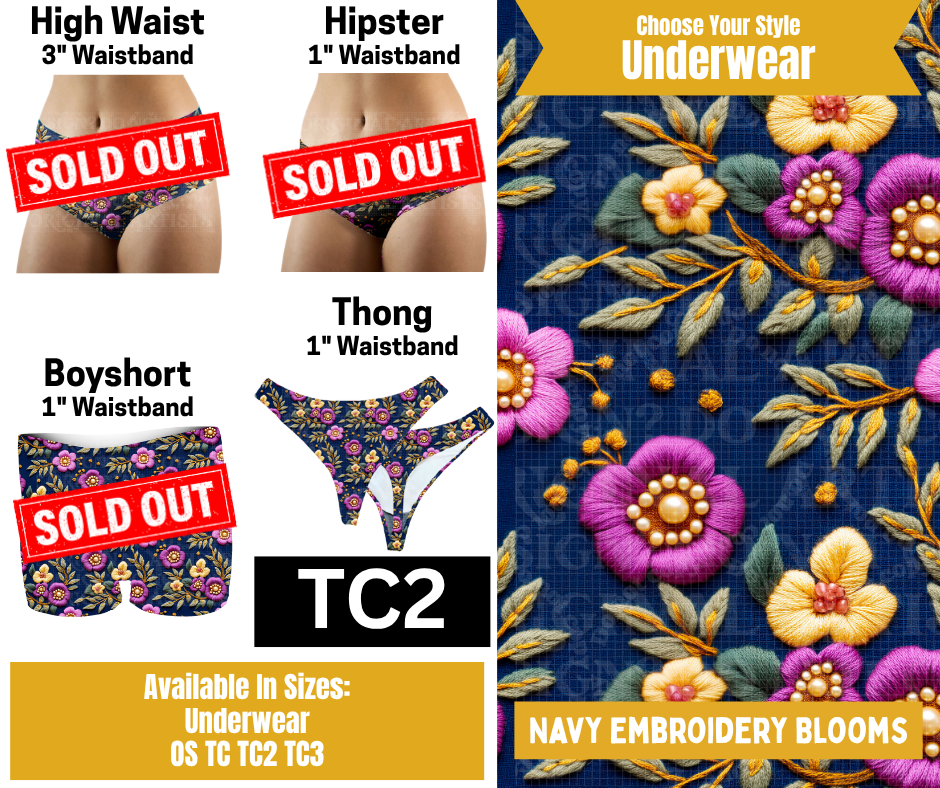 Navy Embroidery Blooms Thong Underwear - Like A Duchess