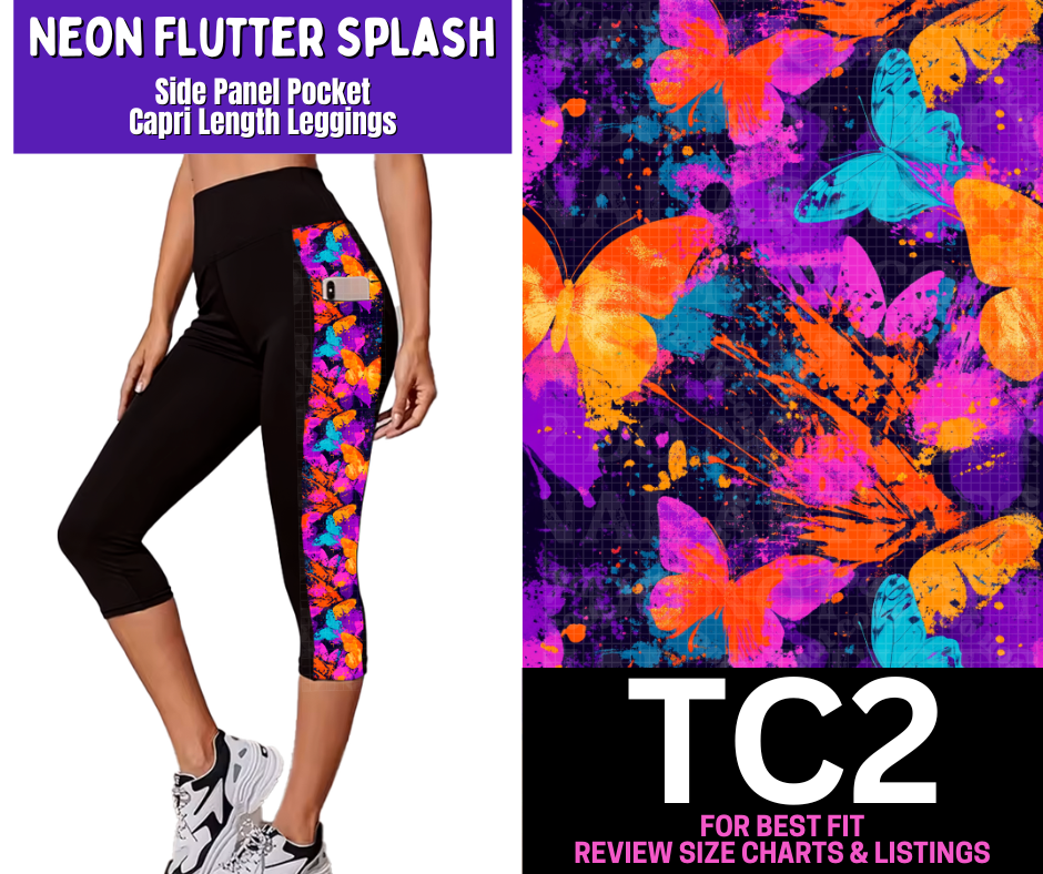 Neon Flutter Splash Side Panel Pocket Capri Length Leggings - Like A Duchess