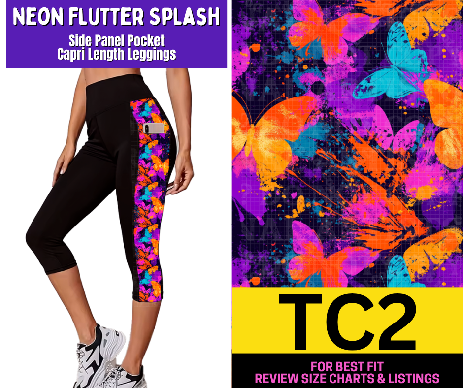 Neon Flutter Splash Side Panel Pocket Capri Length Leggings