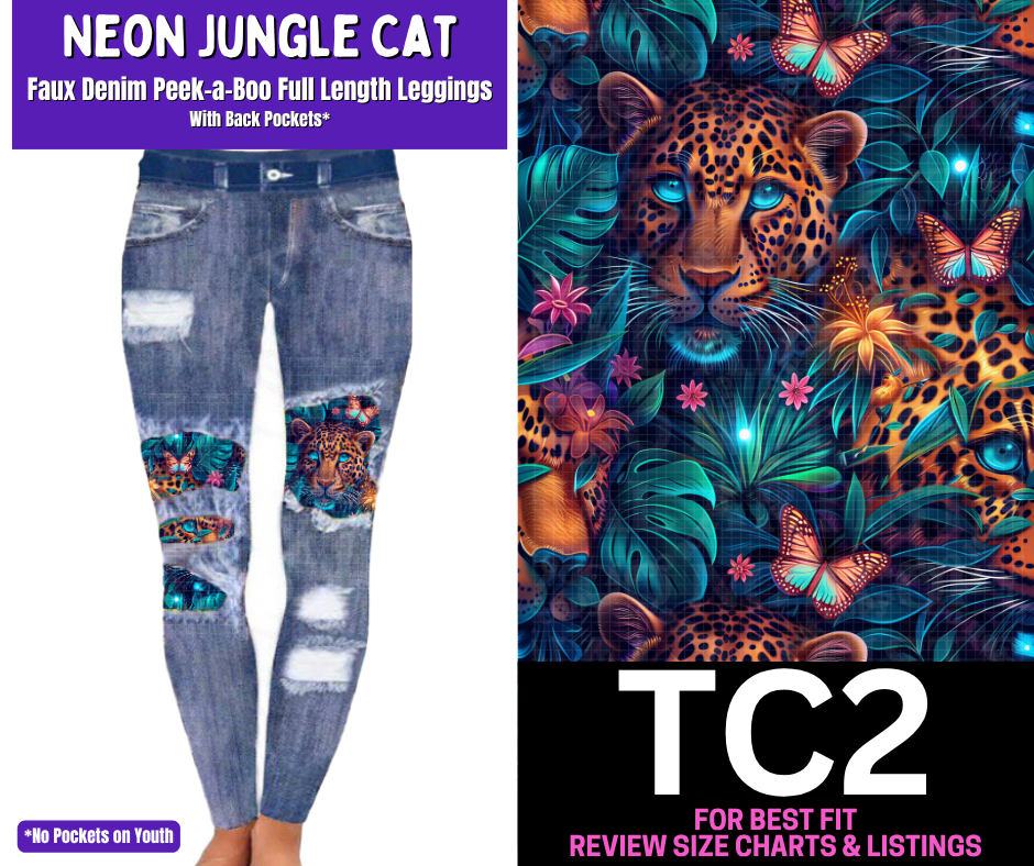 Neon Jungle Cat Faux Denim Full Length Peekaboo Leggings - Like A Duchess