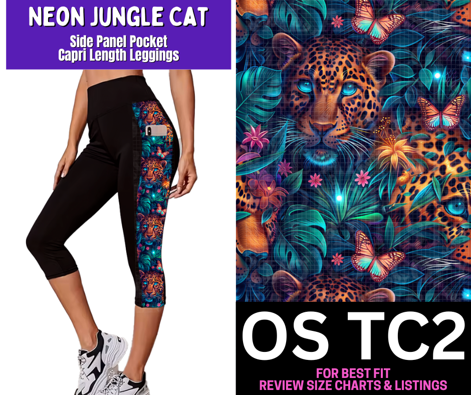 Neon Jungle Cat Side Panel Pocket Capri Length Leggings - Like A Duchess