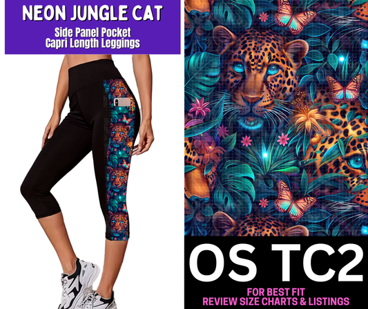 Neon Jungle Cat Side Panel Pocket Capri Length Leggings - Like A Duchess