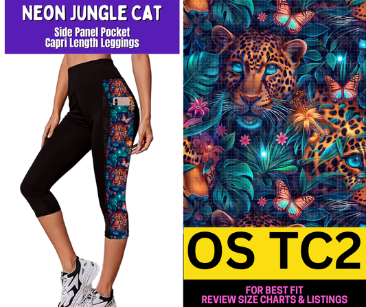 Neon Jungle Cat Side Panel Pocket Capri Length Leggings - Like A Duchess