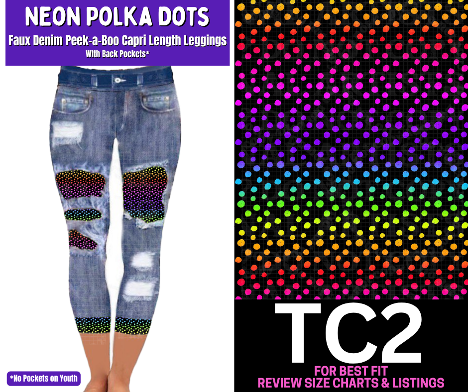 Neon Polka Dots Capri Faux Denim Peekaboo - Like A Duchess