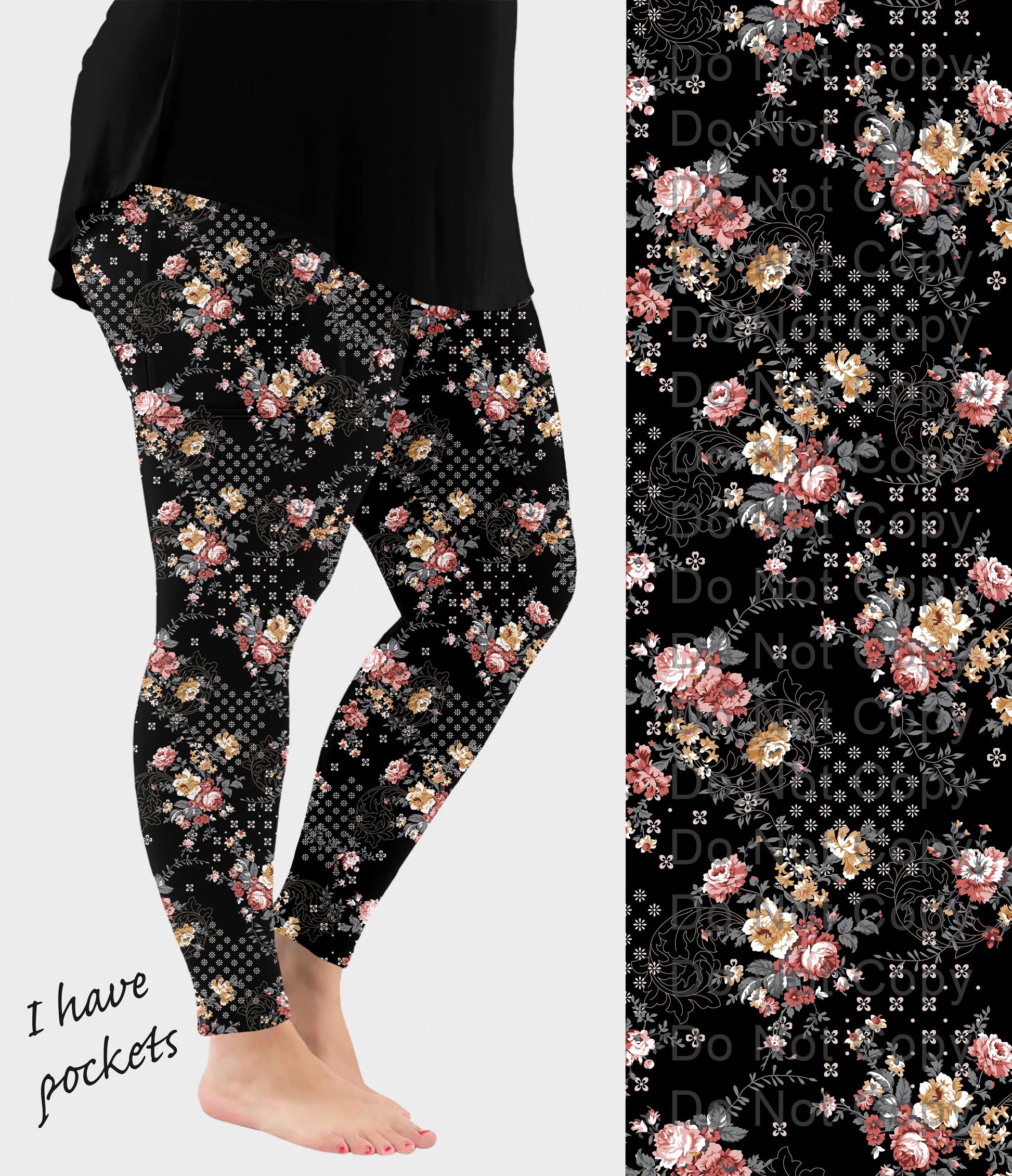 RTS - Noir Fleur Leggings w/ Pockets - Like A Duchess