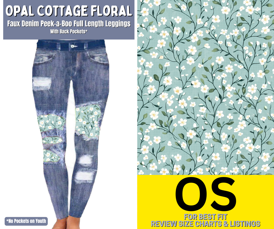 Opal Cottage Floral Faux Denim Full Length Peekaboo Leggings - Like A Duchess