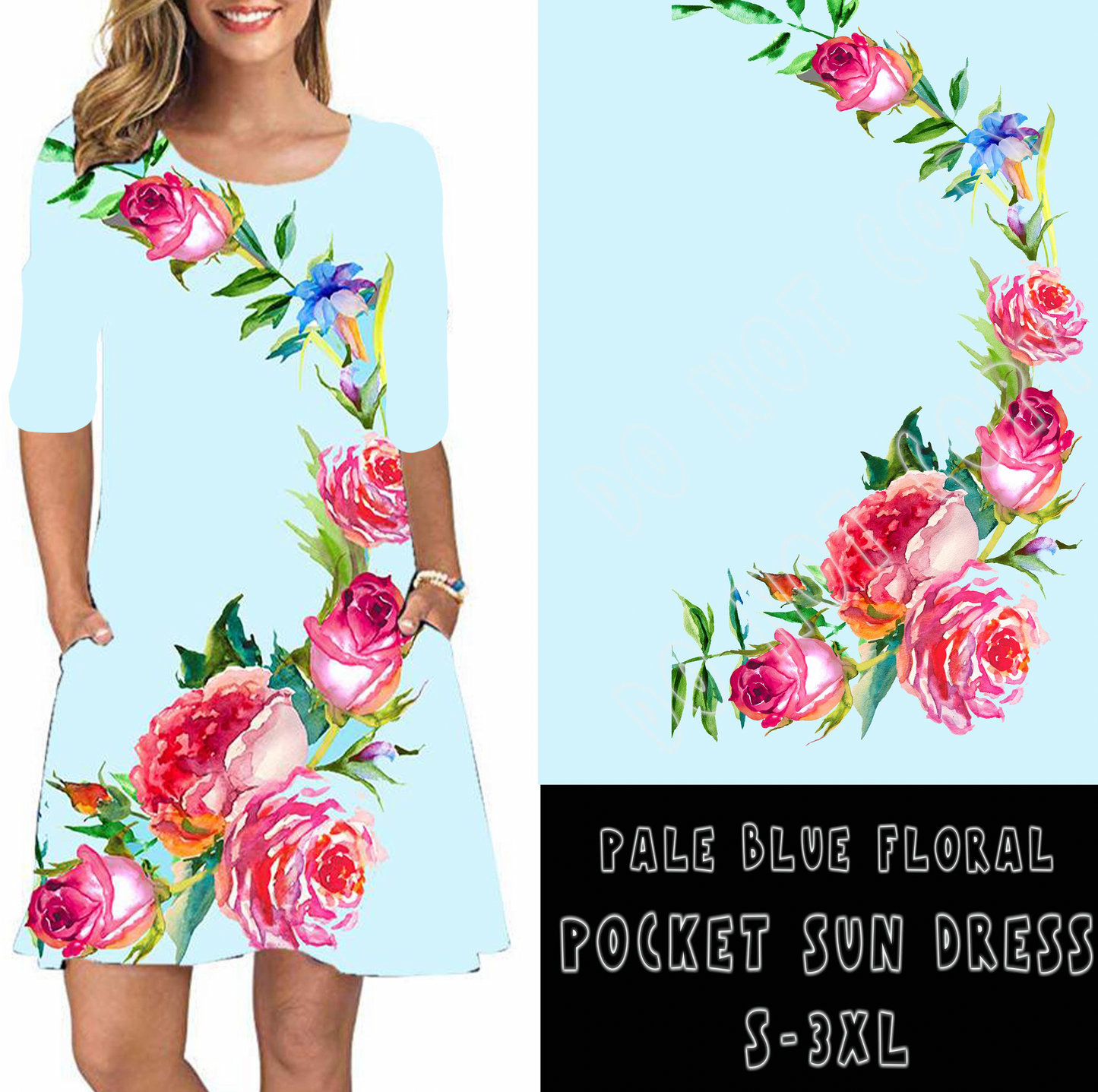 3/4 SLEEVE POCKET DRESS- PALE BLUE FLORAL POCKET DRESS - Like A Duchess