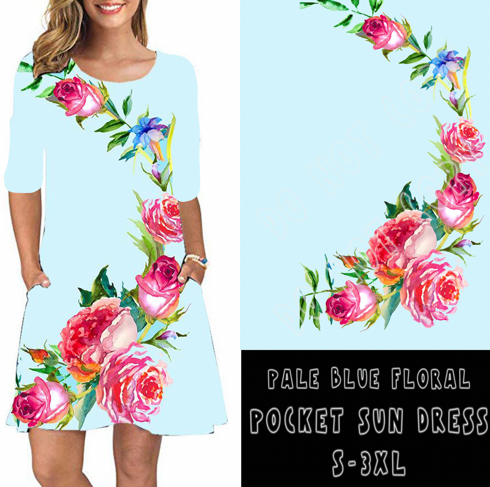 3/4 SLEEVE POCKET DRESS- PALE BLUE FLORAL POCKET DRESS - Like A Duchess