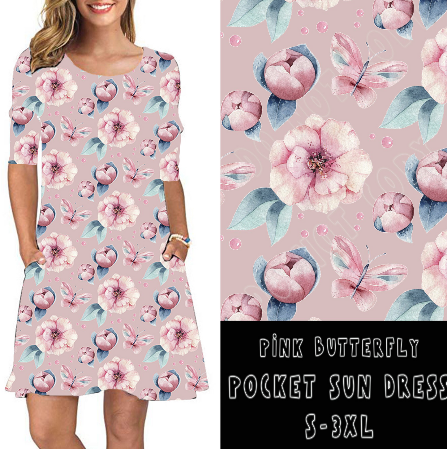 3/4 SLEEVE POCKET DRESS- PINK BUTTERFLY - Like A Duchess
