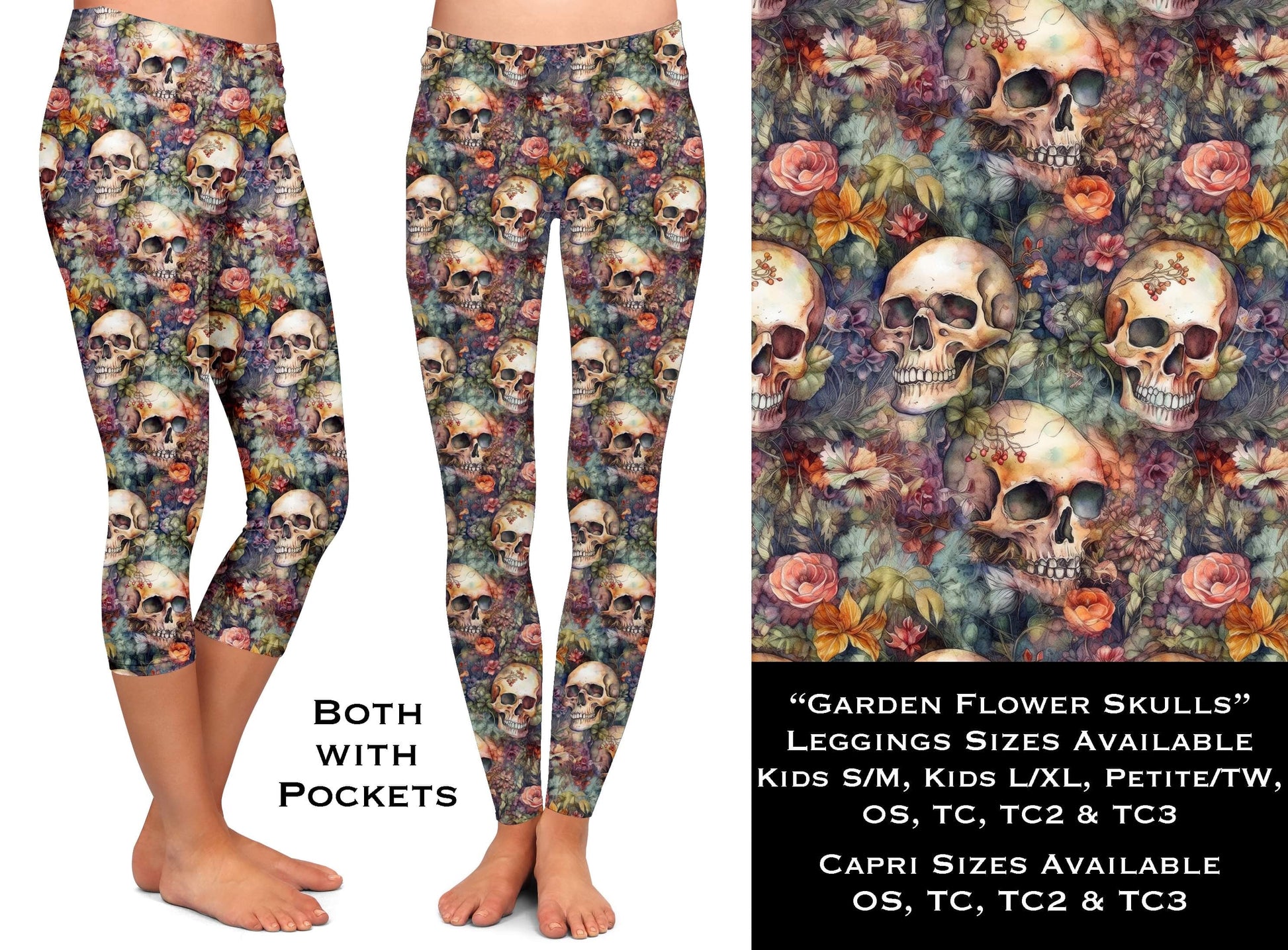 Garden Flower Skulls Leggings & Capris with Pockets - Like A Duchess