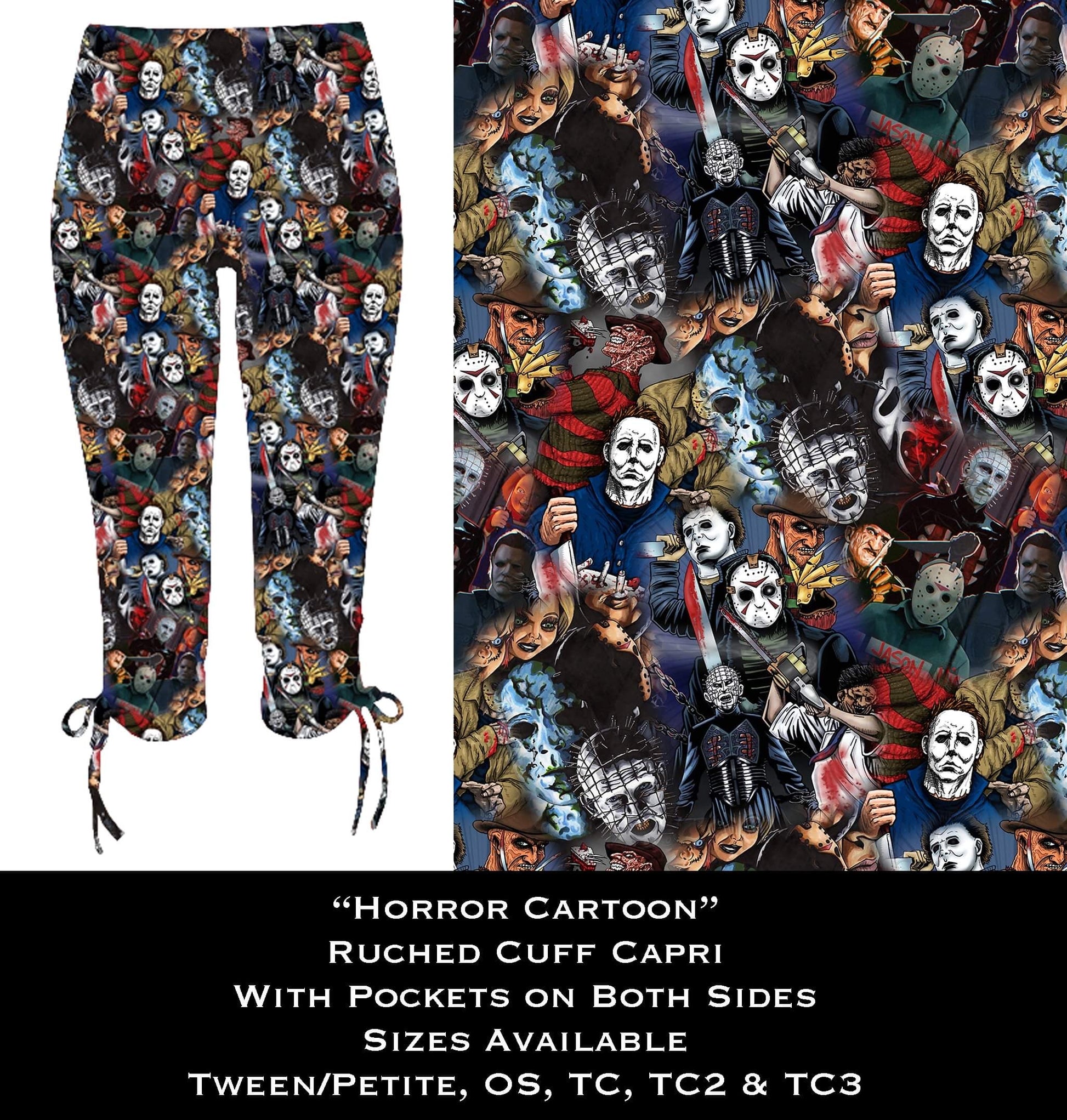 Horror Cartoon Ruched Cuff Capris with Side Pockets - Like A Duchess
