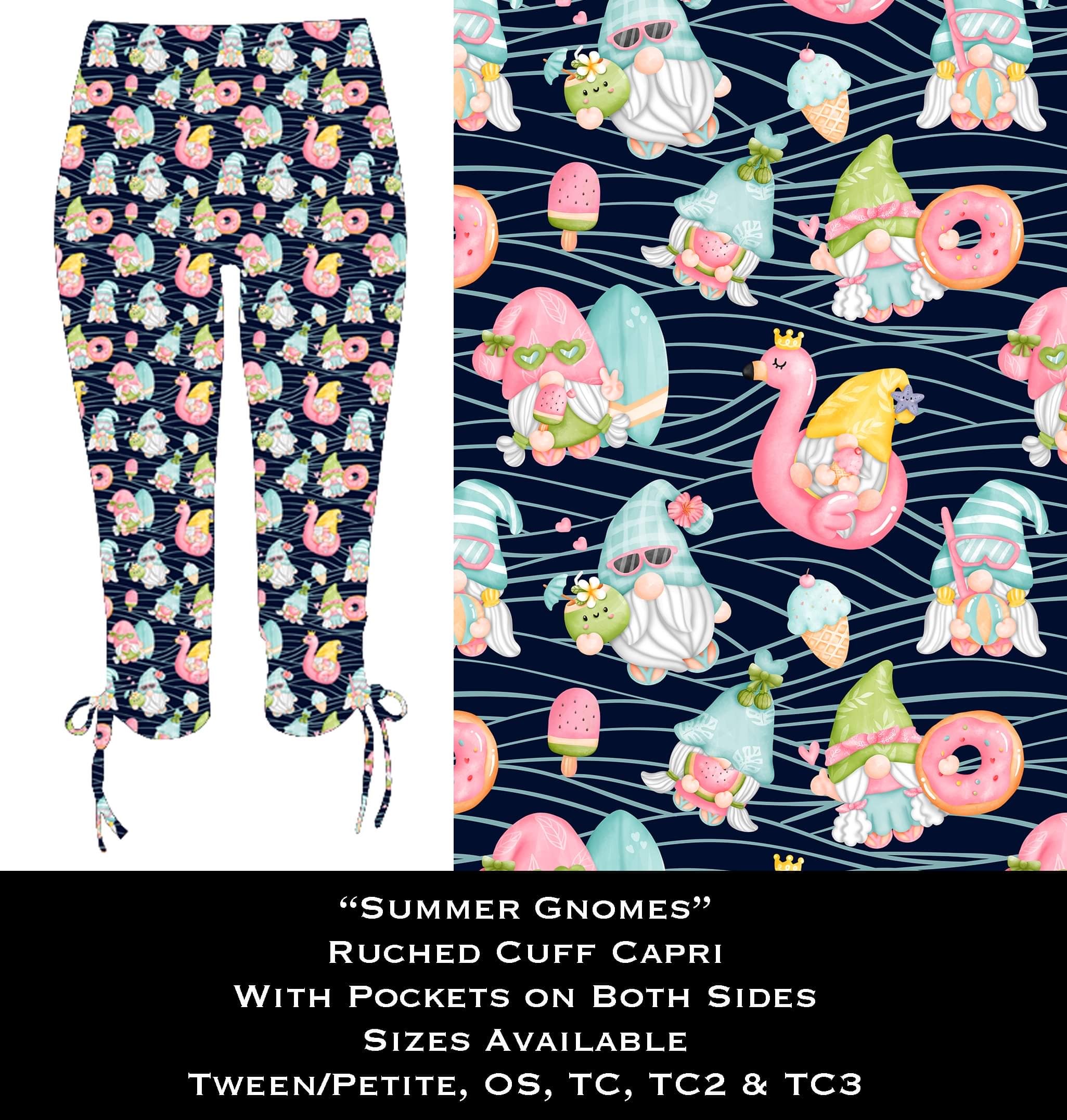 Summer Gnomes Ruched Cuff Capris with Side Pockets