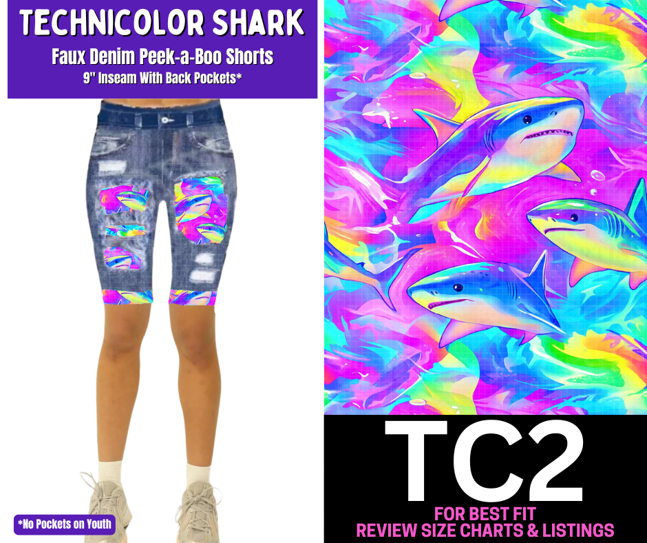 Technicolor Shark Faux Denim Peekaboo Jamaica Shorts - Like A Duchess