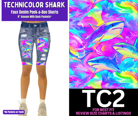 Technicolor Shark Faux Denim Peekaboo Jamaica Shorts - Like A Duchess