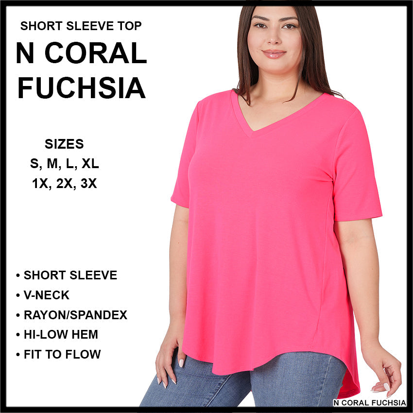 RTS - Short Sleeve V-Neck Top - N Coral Fuchsia - Like A Duchess