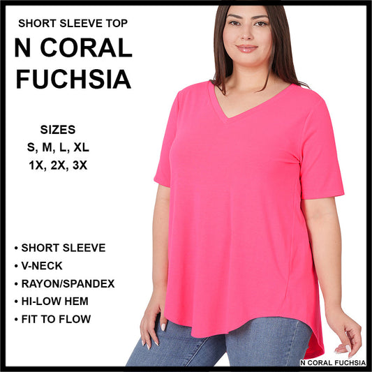RTS - Short Sleeve V-Neck Top - N Coral Fuchsia - Like A Duchess