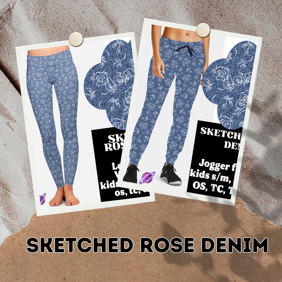 SKETCHED ROSE- DENIM PATTERN RUN - LEGGING/CAPRI