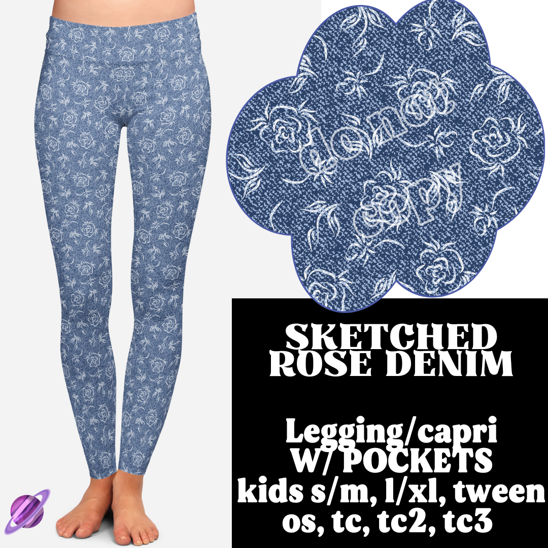 SKETCHED ROSE- DENIM PATTERN RUN - LEGGING/CAPRI - Like A Duchess