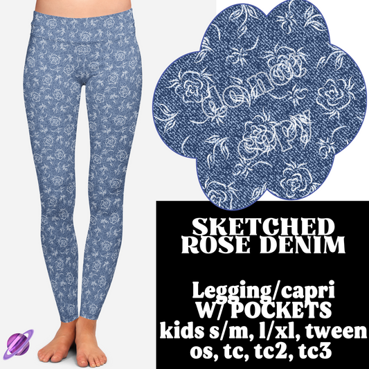 SKETCHED ROSE- DENIM PATTERN RUN - LEGGING/CAPRI - Like A Duchess