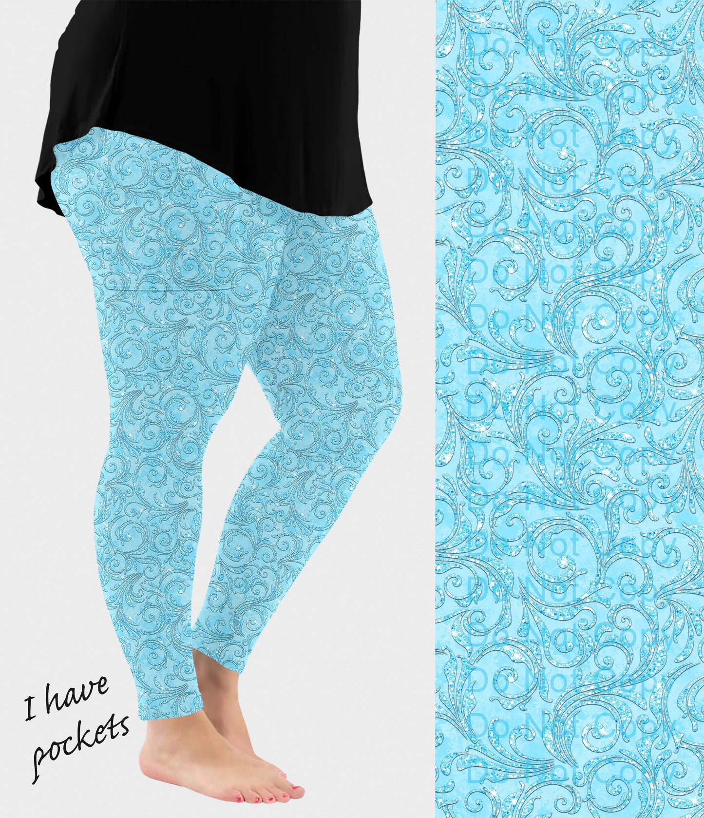 RTS - Sky Blue Paisley Sparkle Leggings w/ Pockets - Like A Duchess