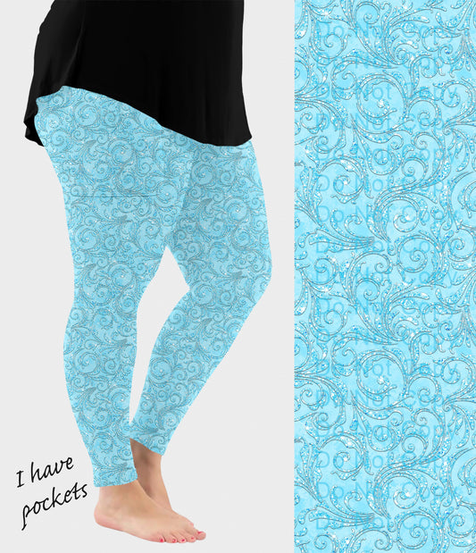 RTS - Sky Blue Paisley Sparkle Leggings w/ Pockets - Like A Duchess