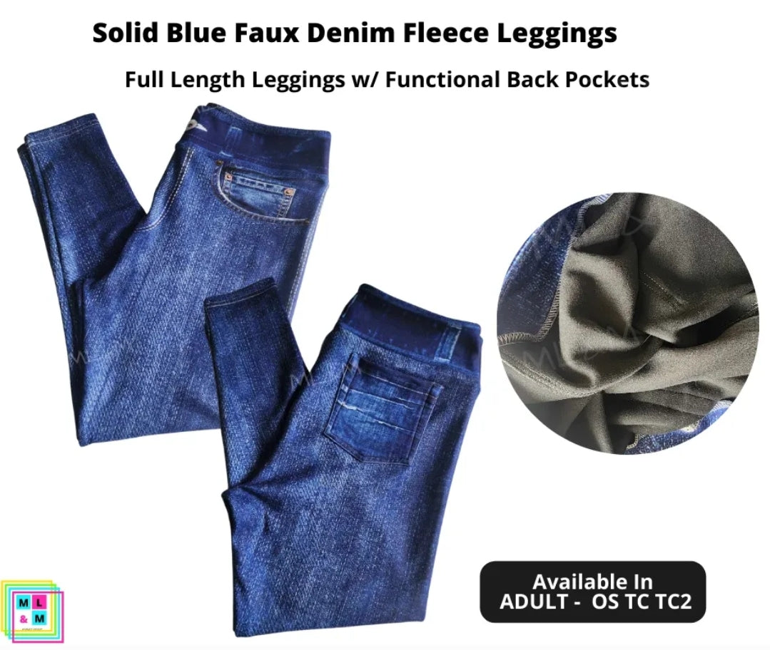 Solid Blue Faux Denim Fleece Leggings