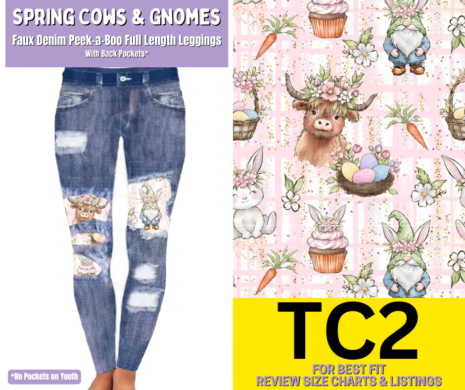 Spring Cows & Gnomes Faux Denim Full Length Peekaboo Leggings - Like A Duchess