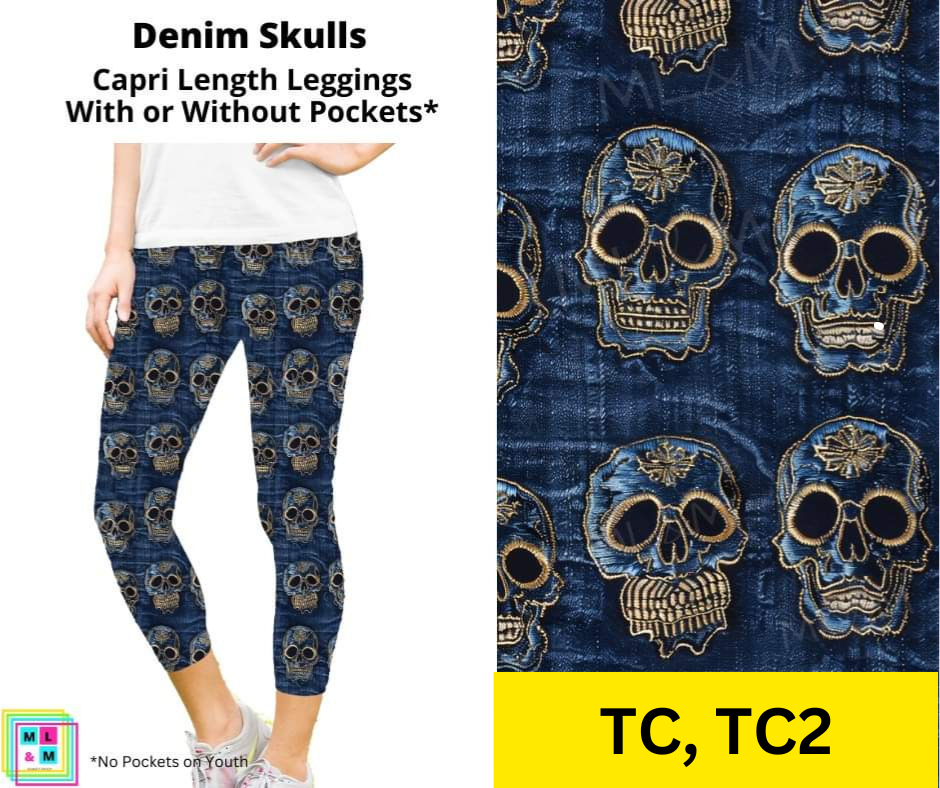 Denim Skulls Capri Length Leggings w/ Pockets