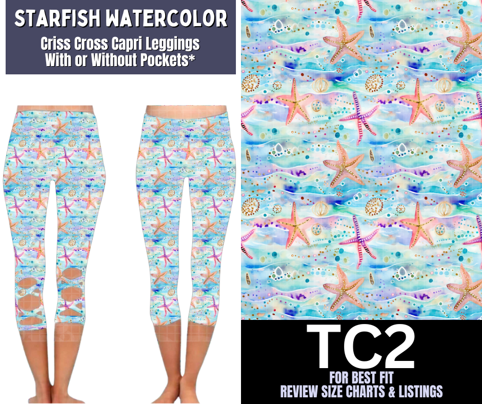 Starfish Watercolor Criss Cross Capri w/ Pockets - Like A Duchess