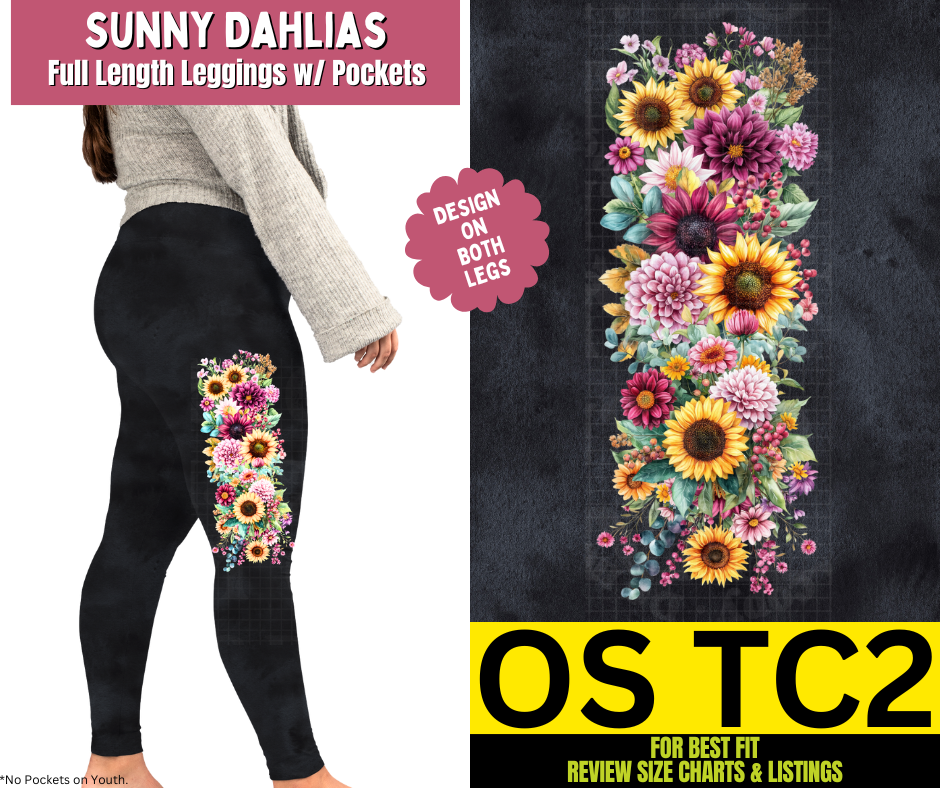 Sunny Dahlias Watercolor Full Length Leggings w/ Side Leg Designs - Like A Duchess