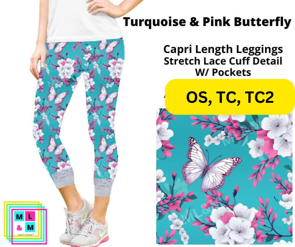 Turquoise & Pink Butterfly Lace Cuff Capris w/ Pockets