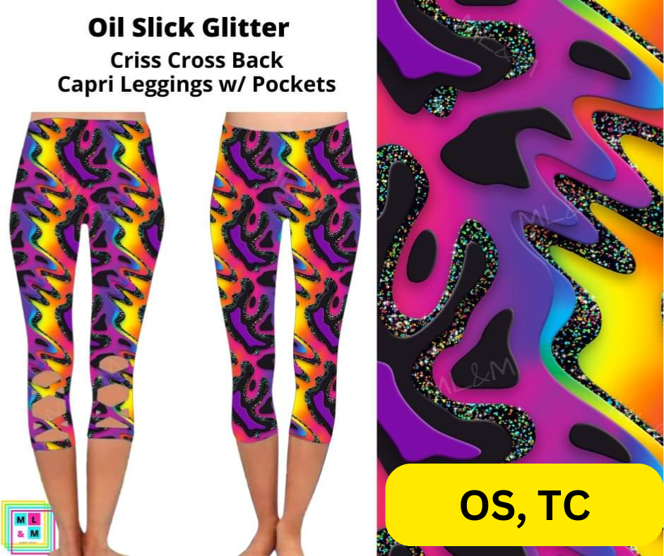 Oil Slick Glitter Criss Cross Capri w/ Pockets