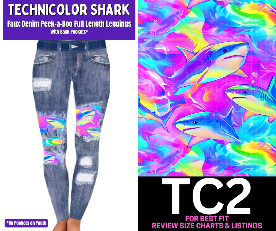 Technicolor Shark Faux Denim Full Length Peekaboo Leggings - Like A Duchess