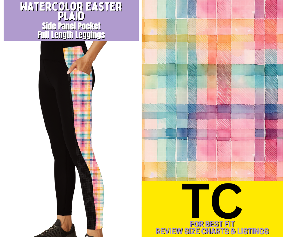 Watercolor Easter Plaid Side Panel Pocket Full Length Leggings - Like A Duchess