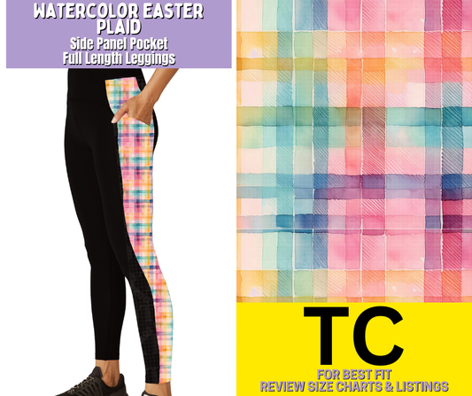 Watercolor Easter Plaid Side Panel Pocket Full Length Leggings - Like A Duchess