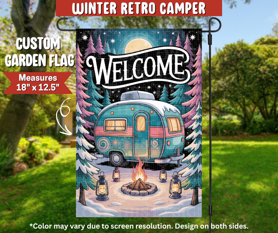 Winter Retro Camper Garden Flag - Like A Duchess