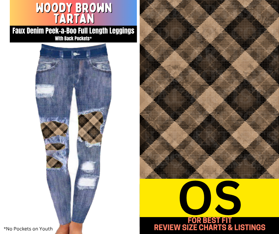 Woody Brown Tartan Faux Denim Full Length Peekaboo Leggings - Like A Duchess