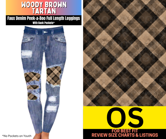 Woody Brown Tartan Faux Denim Full Length Peekaboo Leggings - Like A Duchess