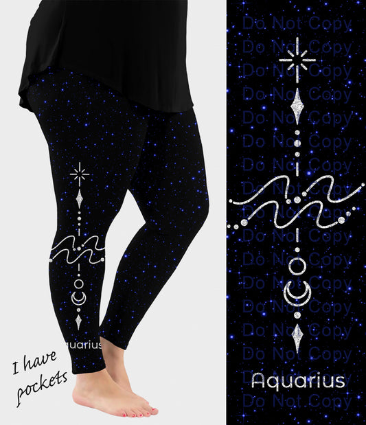 RTS - Aquarius Zodiac Sign Side Design Leggings w/ Pockets - Like A Duchess