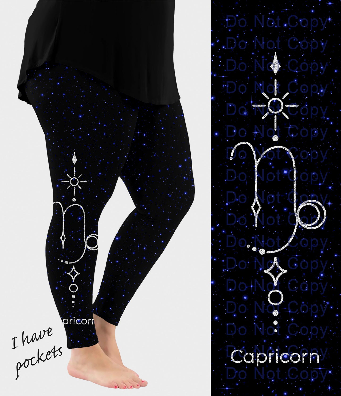 RTS - Capricorn Zodiac Sign Side Design Leggings w/ Pockets - Like A Duchess