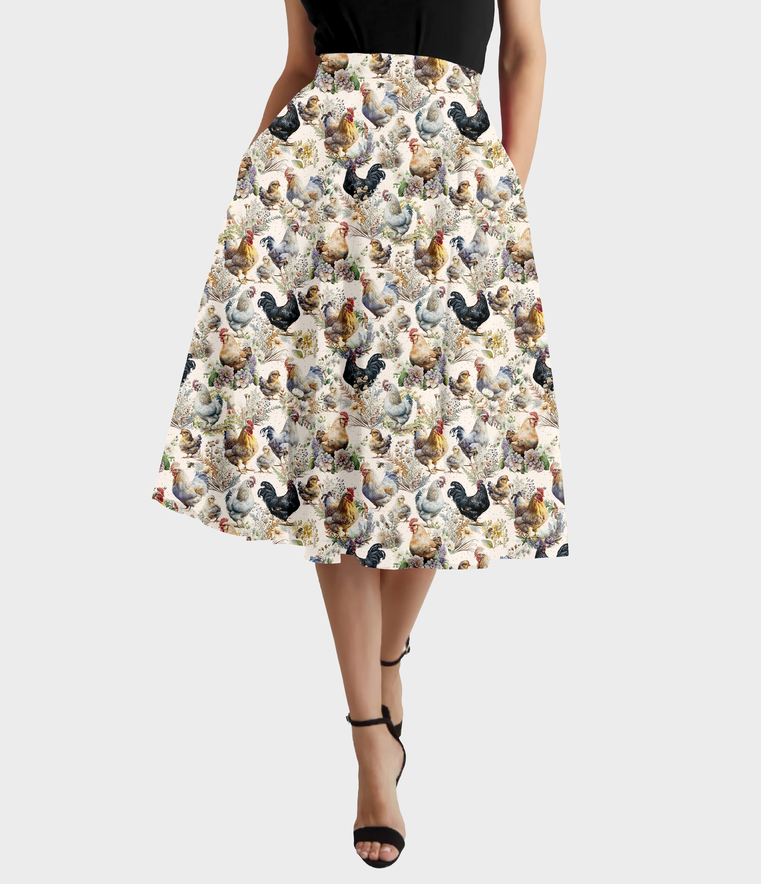 RTS - Cottage Chickens Swing Skirt w/ Pockets