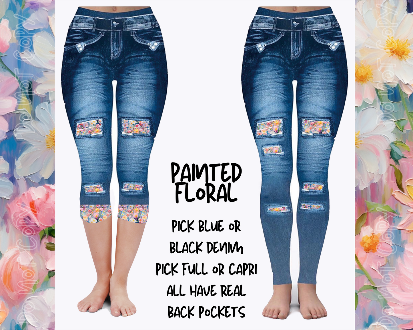 PAINTED FLORAL - DENIM RUN W/ BACK POCKETS - LEGGINGS/CAPRI - Like A Duchess