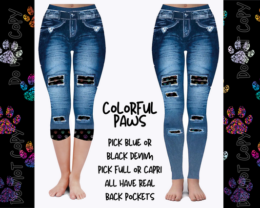 COLORFUL PAWS - DENIM RUN W/ BACK POCKETS - LEGGINGS/CAPRI - Like A Duchess