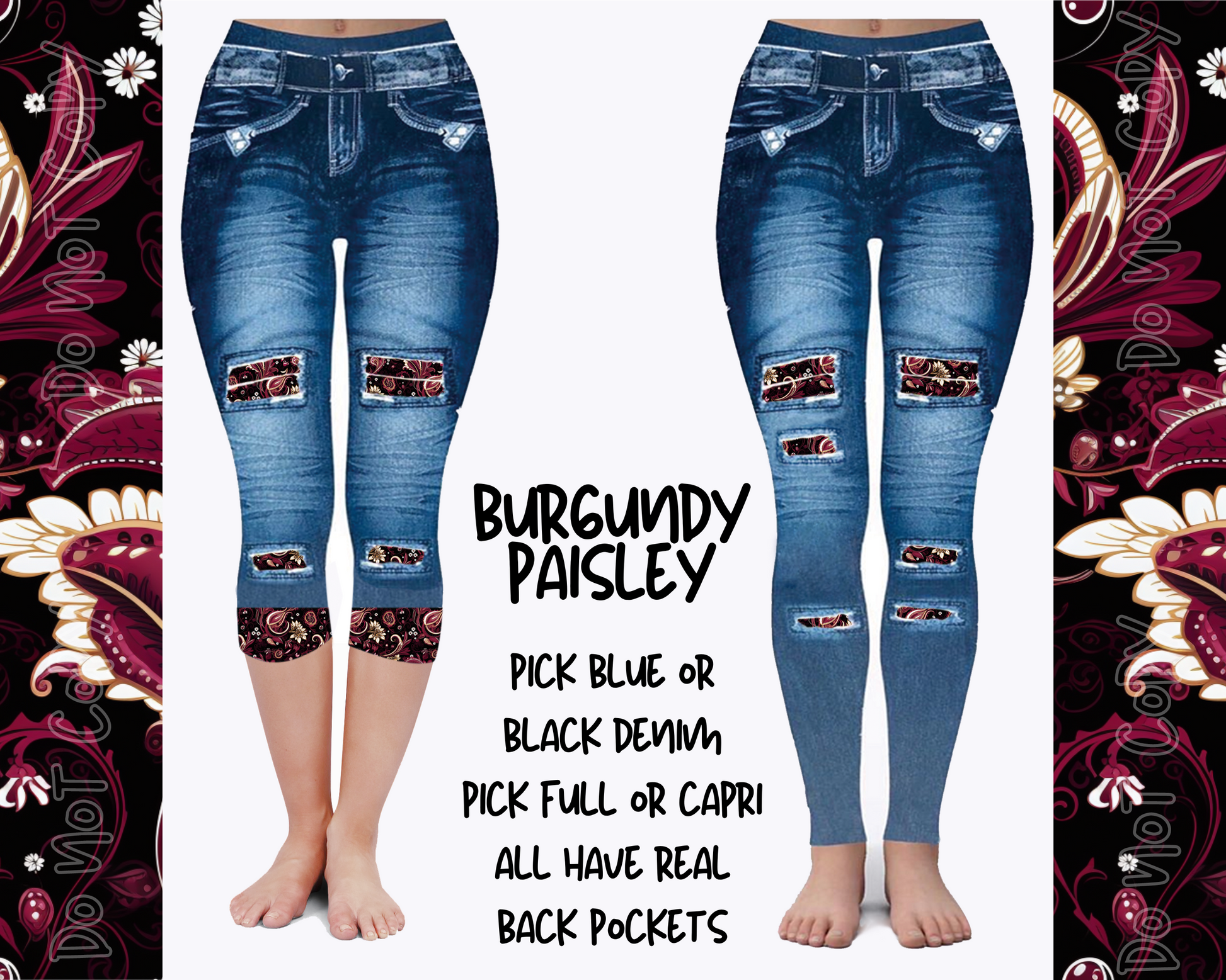 BURGUNDY PAISLEY - DENIM RUN W/ BACK POCKETS - LEGGINGS/CAPRI - Like A Duchess