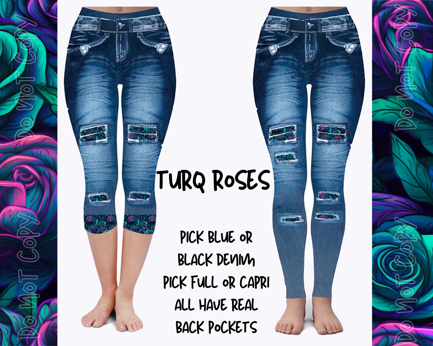 TURQ ROSES - DENIM RUN W/ BACK POCKETS - LEGGINGS/CAPRI - Like A Duchess