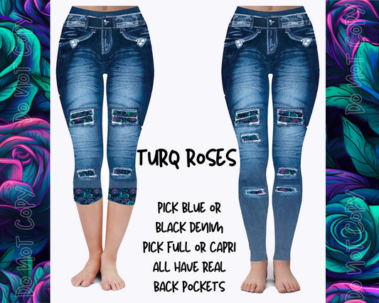 TURQ ROSES - DENIM RUN W/ BACK POCKETS - LEGGINGS/CAPRI - Like A Duchess