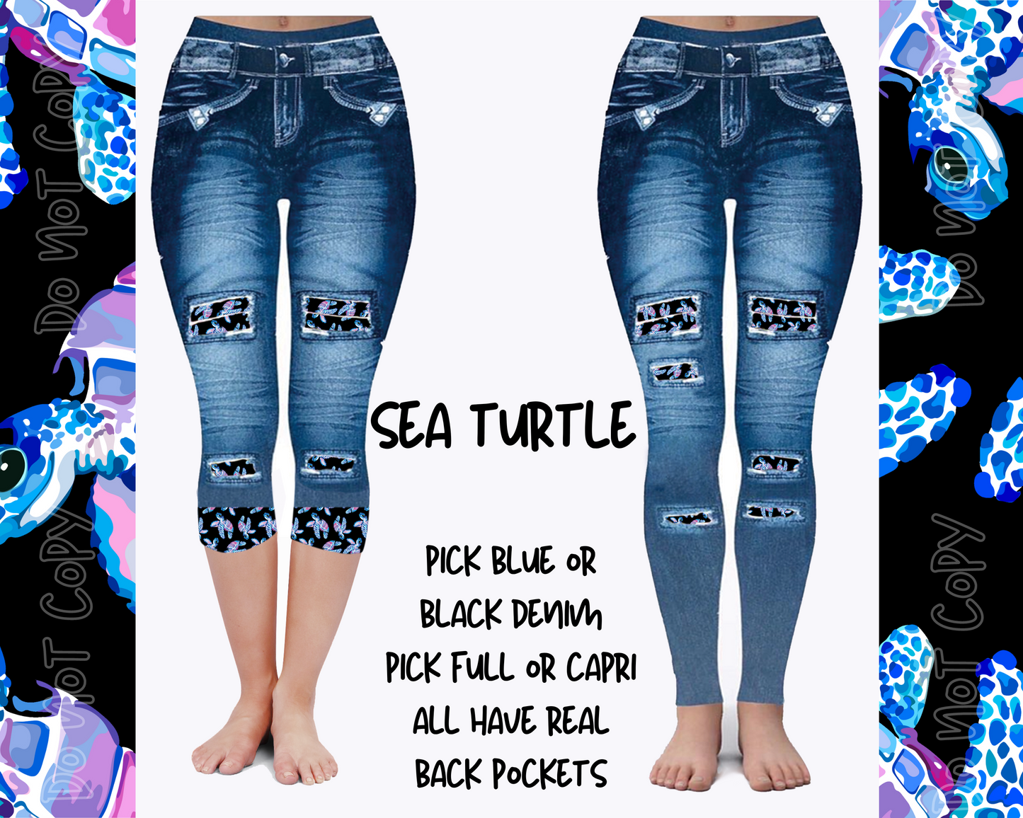 SEA TURTLE - DENIM RUN W/ BACK POCKETS - LEGGINGS/CAPRI - Like A Duchess