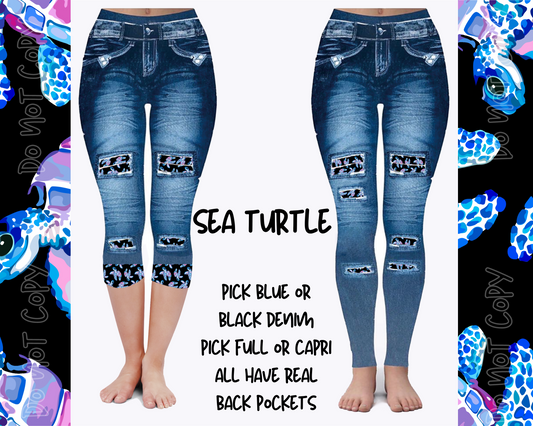 SEA TURTLE - DENIM RUN W/ BACK POCKETS - LEGGINGS/CAPRI - Like A Duchess